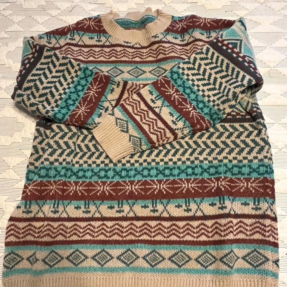 Patterned Knit Sweater in Teal and Maroon